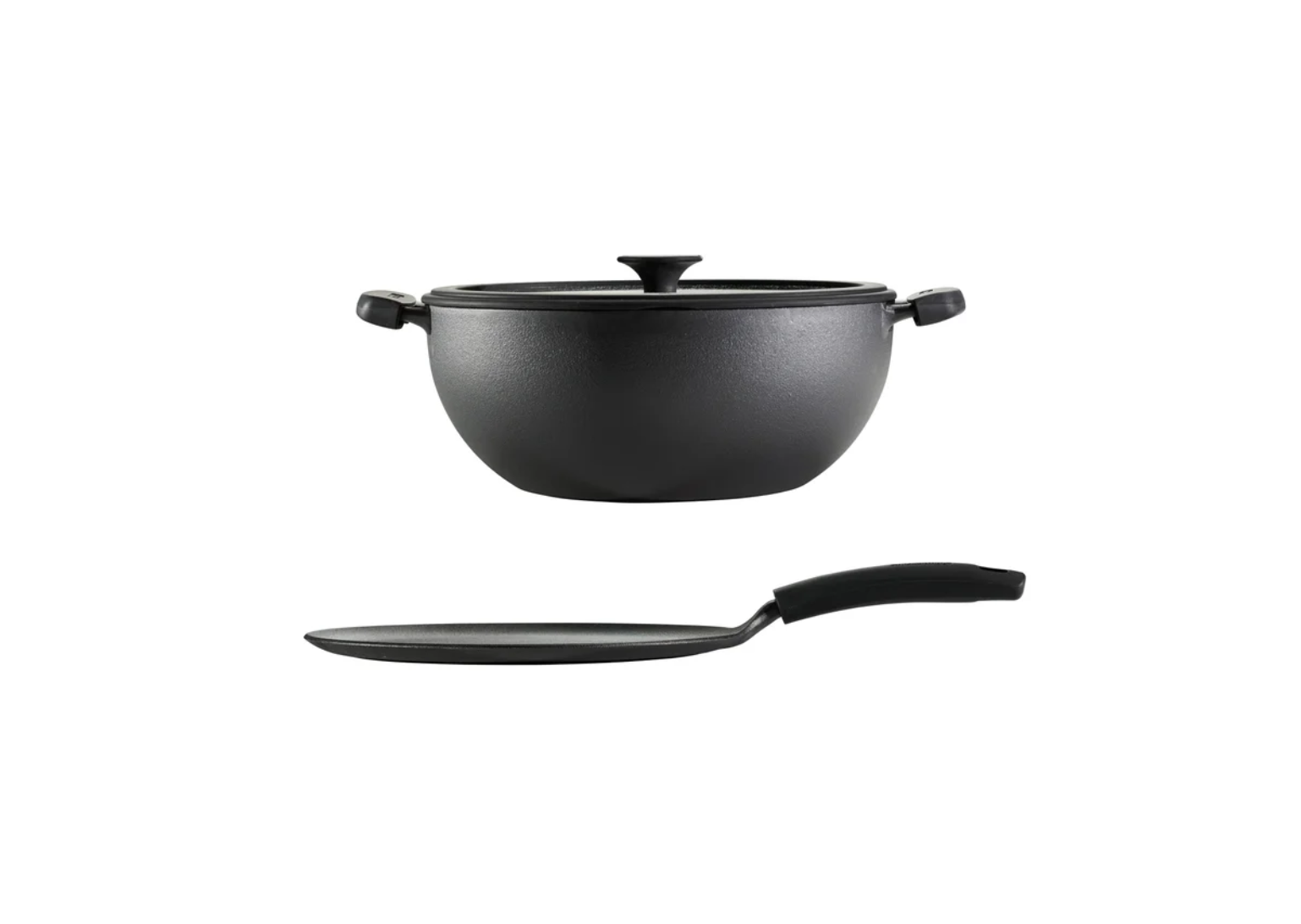 Tramontina , 3-piece Cast Iron 7-quart Deep Kadai & Flat Tawa Cookware Set , Black