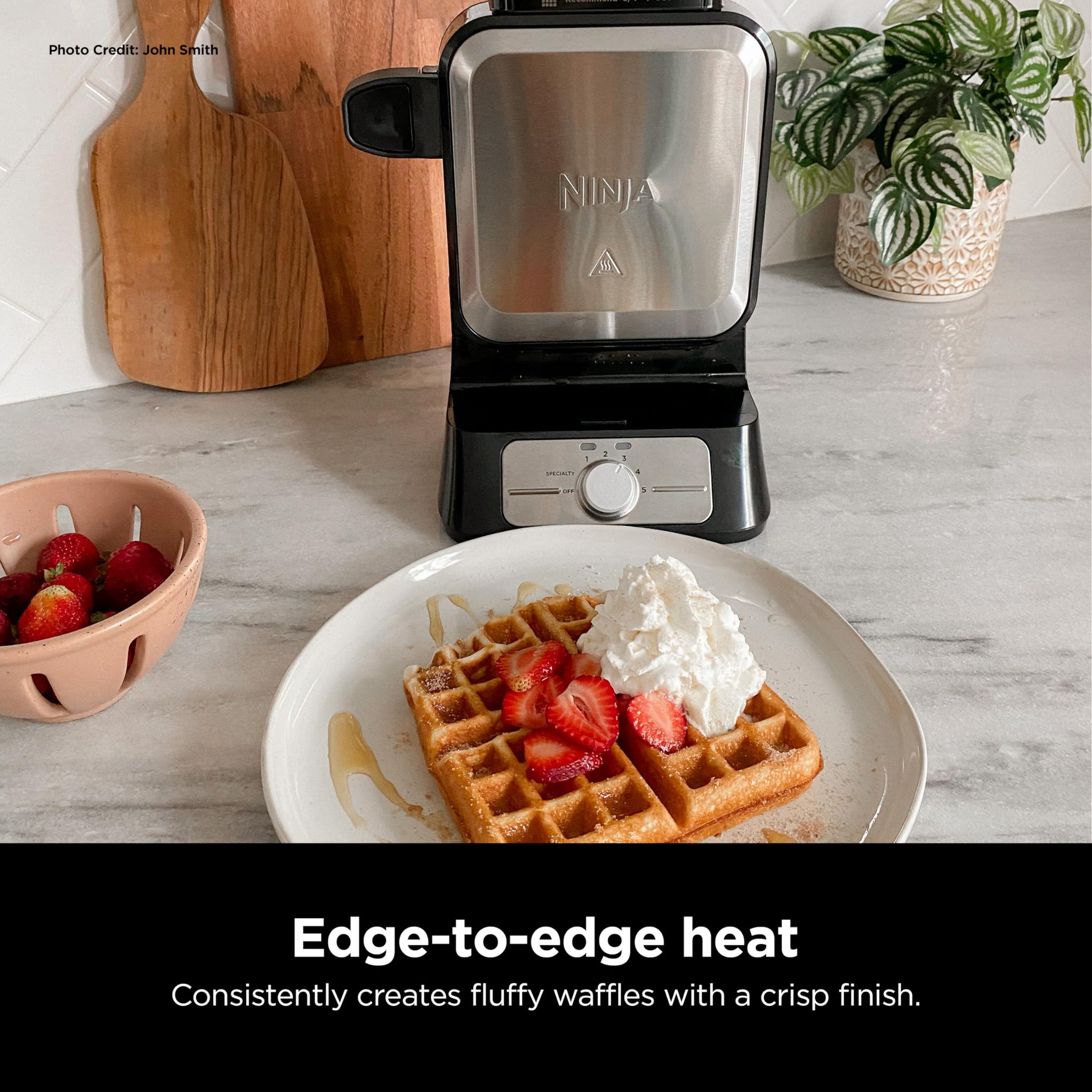 Ninja BW1001 NeverStick PRO Belgian Waffle Maker, Vertical Design, 5 Shade Settings, Black & Silver
