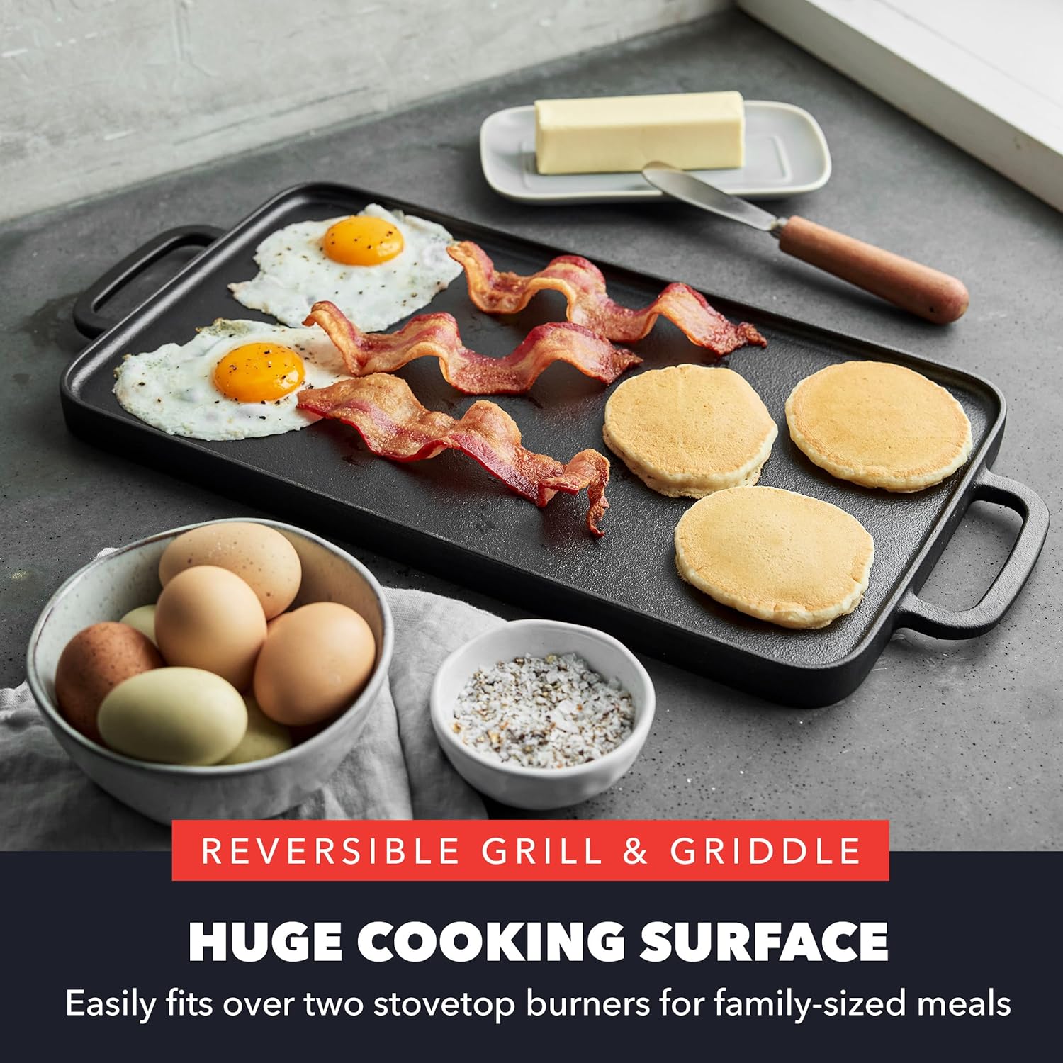 GreenPan x Bobby Flay,Cast Iron Pre-Seasoned 16.75 x 11.4” Reversible Double Burner Griddle, Rectangular Grill, Black