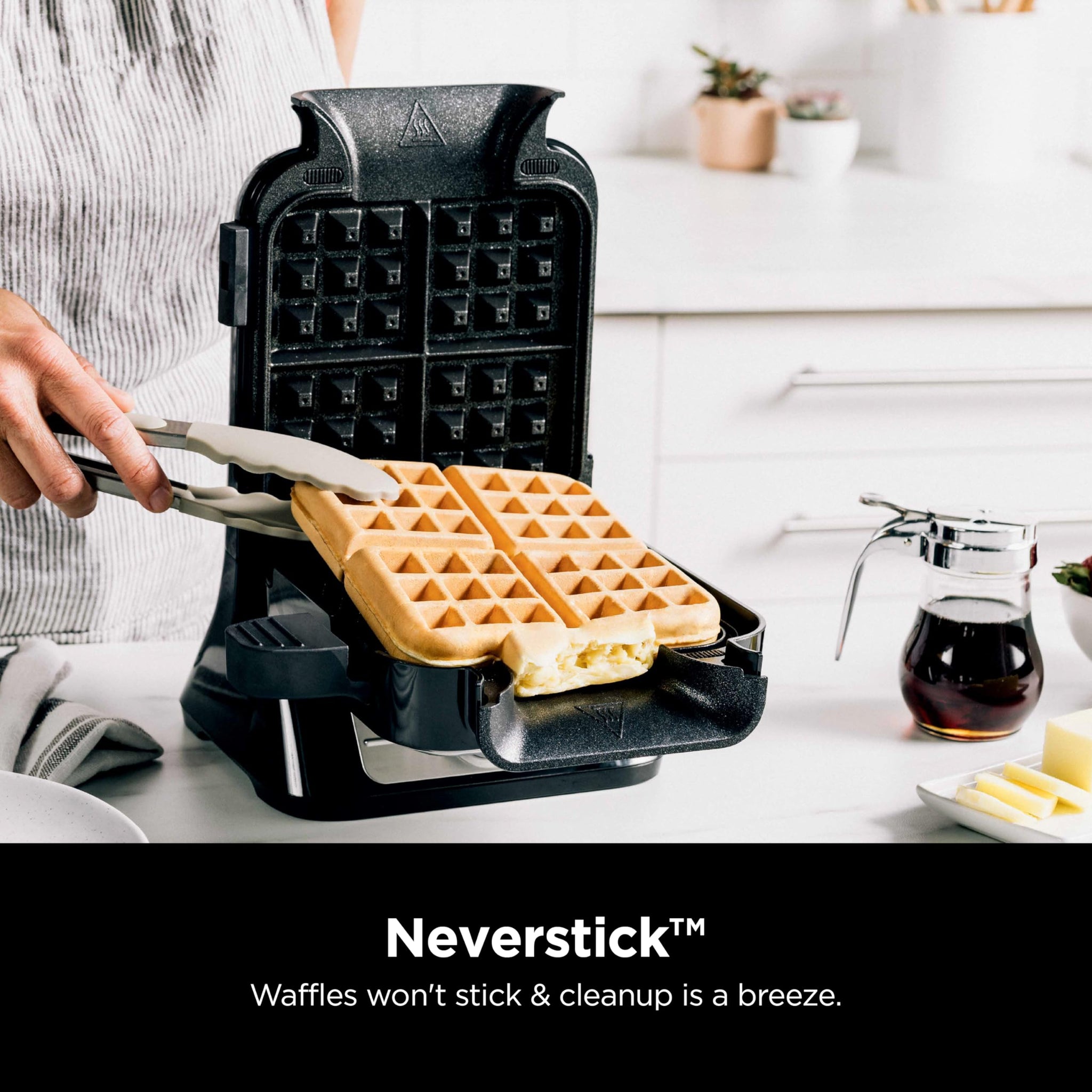Ninja BW1001 NeverStick PRO Belgian Waffle Maker, Vertical Design, 5 Shade Settings, Black & Silver