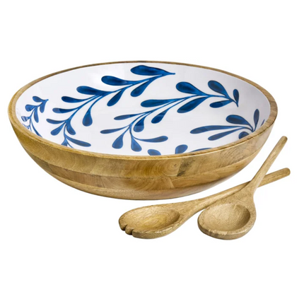 Maison Neuve , Enamelled Mango Wood Salad Bowl & Servers, 44 cm (17.3 in.), Brown