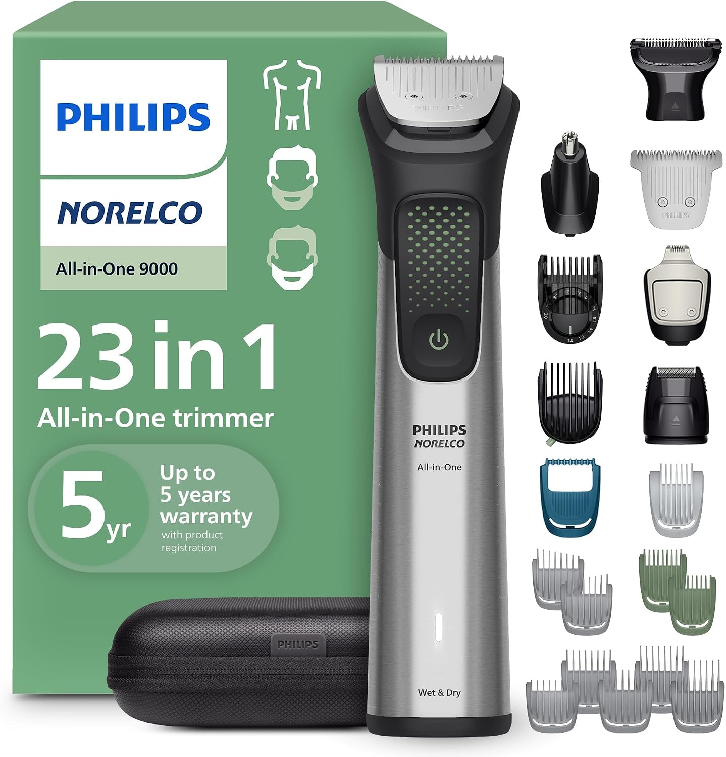 Philips , All-in-One 9000 Series 23-Piece Trimmer - Electric Shaver and Clipper for Face, Beard, Head & Body, , Stainless Steel