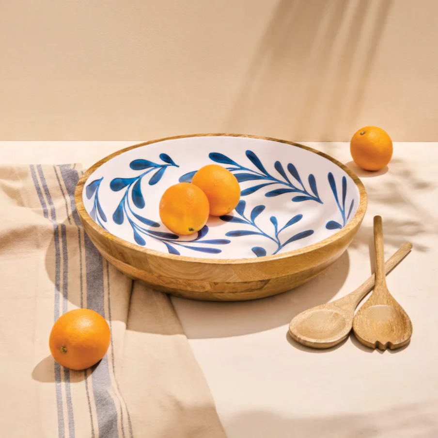 Maison Neuve , Enamelled Mango Wood Salad Bowl & Servers, 44 cm (17.3 in.), Brown