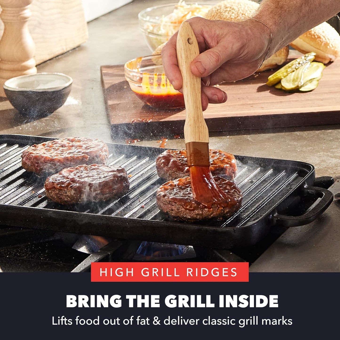 GreenPan x Bobby Flay,Cast Iron Pre-Seasoned 16.75 x 11.4” Reversible Double Burner Griddle, Rectangular Grill, Black