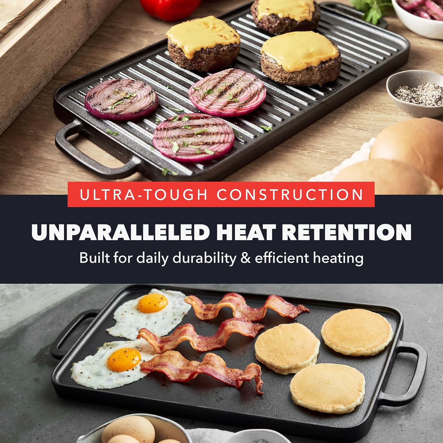 GreenPan x Bobby Flay,Cast Iron Pre-Seasoned 16.75 x 11.4” Reversible Double Burner Griddle, Rectangular Grill, Black