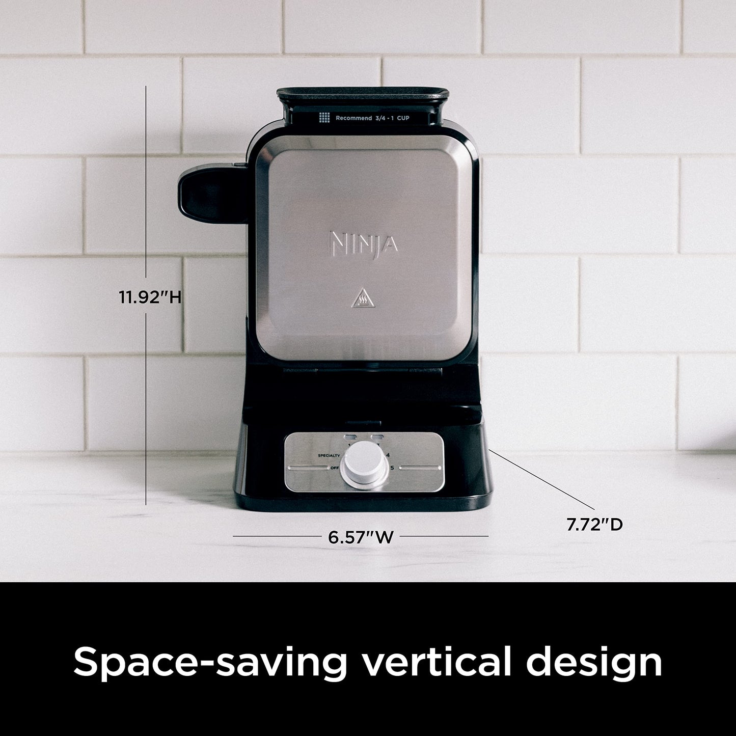 Ninja BW1001 NeverStick PRO Belgian Waffle Maker, Vertical Design, 5 Shade Settings, Black & Silver